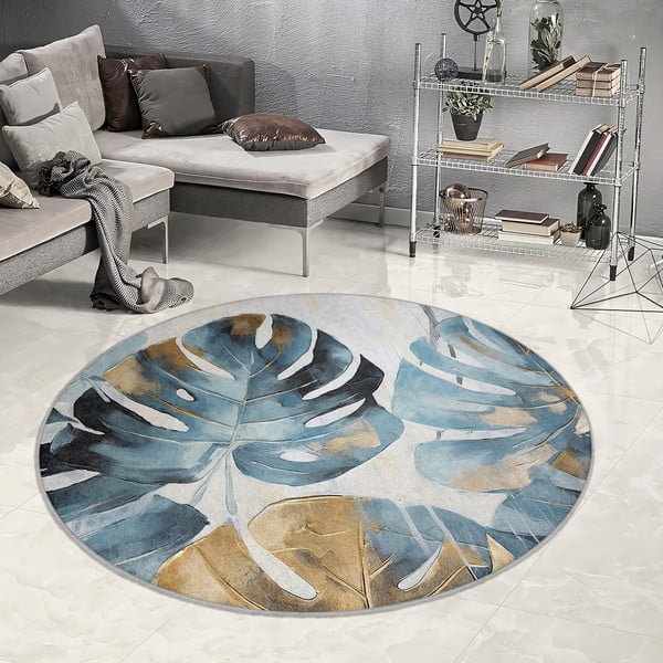 Zils mazgājams apaļš paklājs ø 120 cm Golden Leaves – Mila Home-image-4
