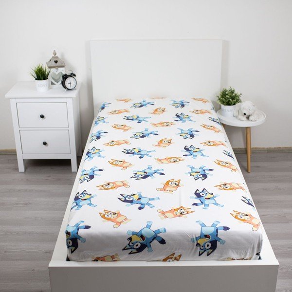 Balts vienguļamais kokvilnas bērnu palags ar gumiju 90x200 cm Bluey – Jerry Fabrics-image-1
