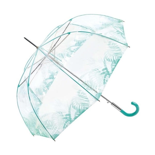Caurspīdīgs lietussargs ar zilām detaļām Putnu būris Tropical Leaves, ⌀ 86 cm