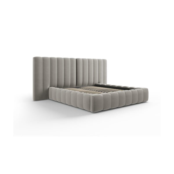 Pelēka polsterēta divvietīga gulta ar veļas kasti un režģi 160x200 cm Gina – Milo Casa