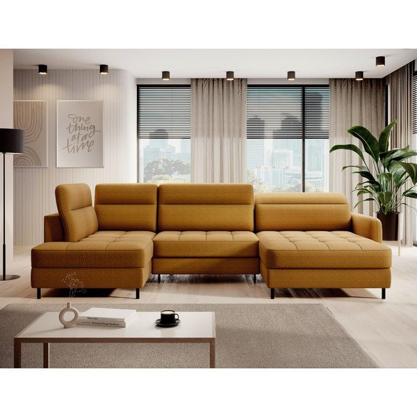 Dzeltens samta salokāms/ar uzglabāšanas vietu stūra dīvāns (ar kreiso stūri/U veida) Berrto – ELTAP-image-1