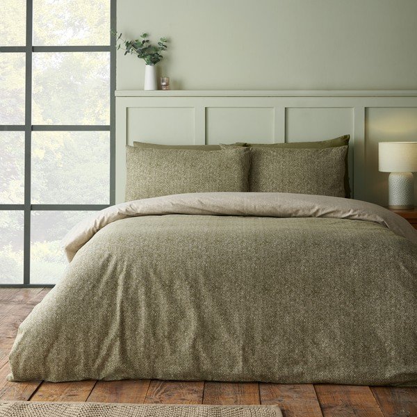 Zaļa divguļamā flaneļa gultas veļa 200x200 cm Brushed Herringbone – Catherine Lansfield