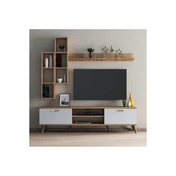 Balts/dabīga toņa TV plauktu komplekts ar priedes koka imitāciju 180x48 cm Veronica – Kalune Design-image-2