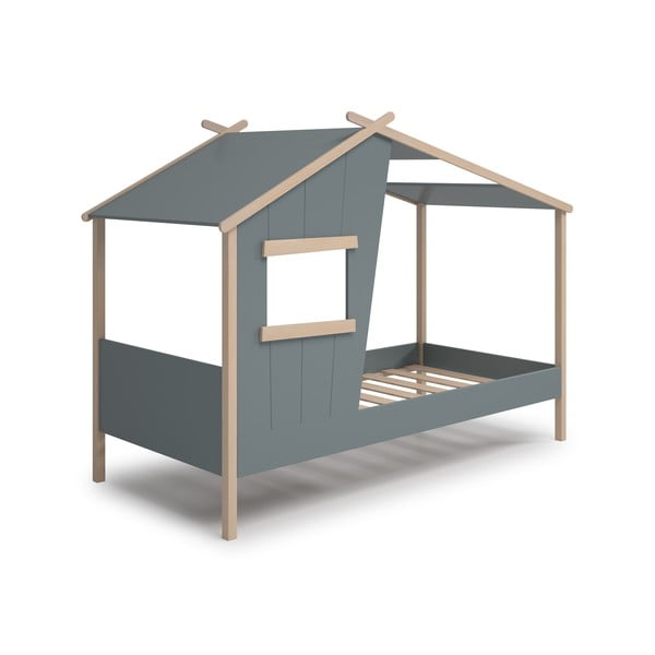 Dūmakaini zaļa priedes masīvkoka bērnu gulta mājas formā ar redelēm 90x190 cm Luba – Marckeric-image-2
