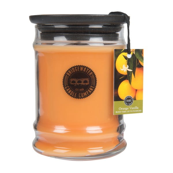 Bridgewater Candle Company apelsīnu un vaniļas aromāta svece stikla kastītē, degšanas laiks 65-85 stundas