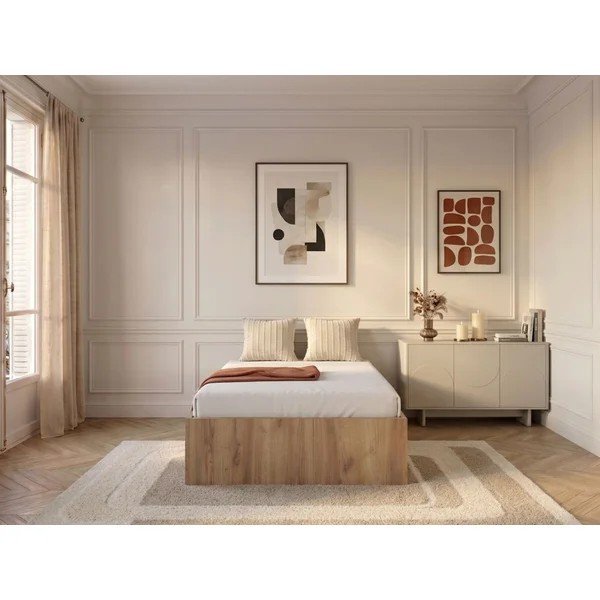 Gaiša dabīga toņa vienvietīga gulta no skaidu plāksnēm ar veļas kasti/bez galvgaļa ar redelēm 90x190 cm Nira – Bobochic Paris-image-1