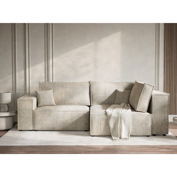 Bēšs salokāms stūra dīvāns no šenila auduma ar uzglabāšanas vietu (ar labo stūri/L veida) Tonga – Maison de Rêve-image-1