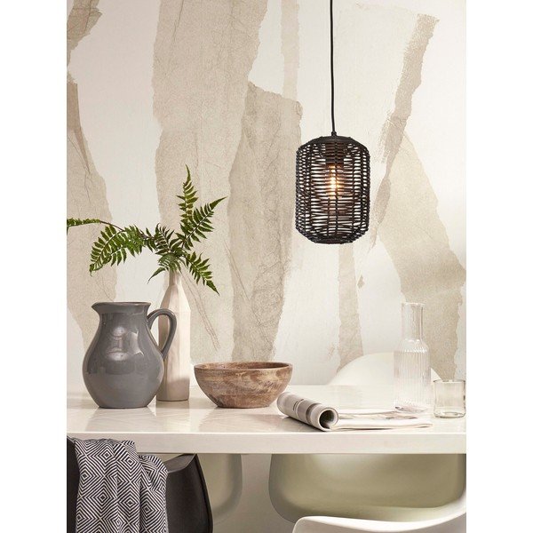 Melna piekaramā lampa ar rotangpalmas abažūru ø 18 cm Tanami – Good&Mojo-image-1