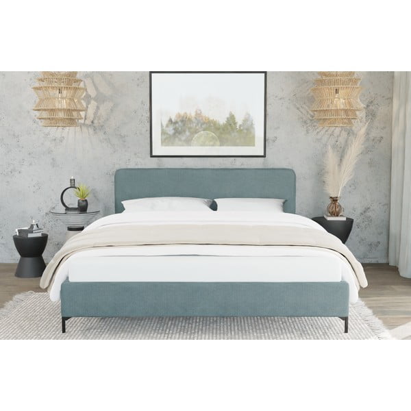 Gaiši zila polsterēta vienvietīga gulta ar redelēm 90x200 cm Barker – Ropez-image-3