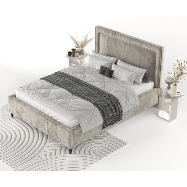 Bēša polsterēta divvietīga gulta ar veļas kasti un redelēm 140x200 cm Baleine – Maison de Rêve-image-3