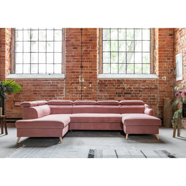 Gaiši rozā samta salokāms stūra dīvāns (ar kreiso stūri/U veida) Sweet Harmony – Miuform-image-1