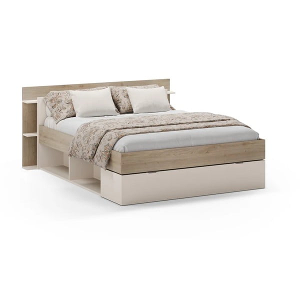 Balta/dabīga toņa divvietīga gulta ar ozolkoka imitāciju un veļas kasti bez režģa 140x190 cm Albo – Marckeric