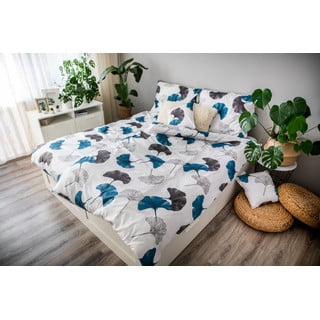 Zili pelēka kokvilnas satīna gultasveļa ar 2 spilvenu pārvalkiem Cotton House Ginko, 140 x 200 cm