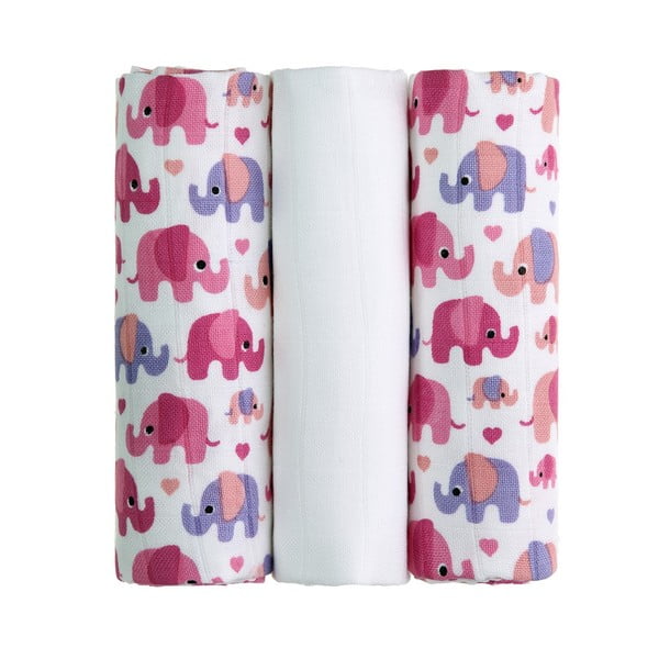 3 auduma autiņu komplekts T-TOMI Pink Elephants, 70 x 70 cm