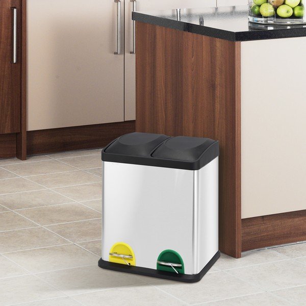 Matētas sudraba krāsas atkritumu šķirošanas tērauda atkritumu tvertne ar pedāli 2x20 l   Tri Selectif – MSV-image-1