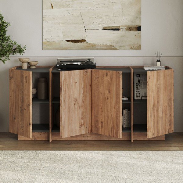 Dabīga toņa kumode ar priedes koka imitāciju ar caurumu vadiem 180x80x45 cm Dorma – Kalune Design-image-2
