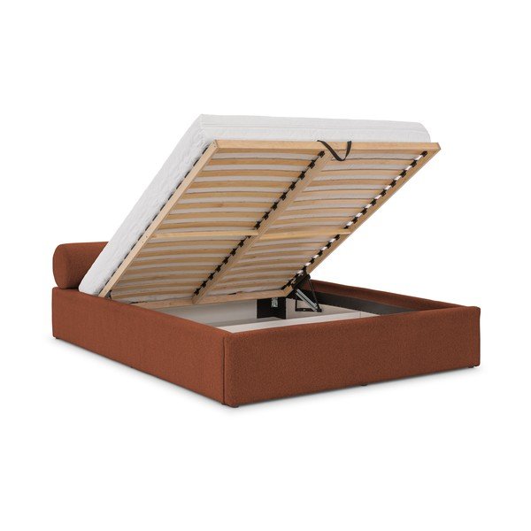 Terakotas oranža polsterēta divvietīga gulta ar veļas kasti ar redelēm 200x200 cm Cille – Ropez-image-2