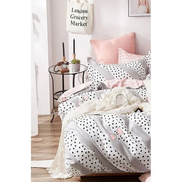 Balta/rozā divguļamā kokvilnas gultas veļa ar palagu 200x220 cm Bow and Polka-Dot – Mila Home-image-3