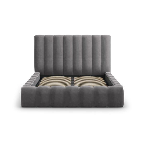 Pelēka mīksta divvietīga gulta ar uzglabāšanas vietu un režģi 200x200 cm Kelp – Micadoni Home-image-2