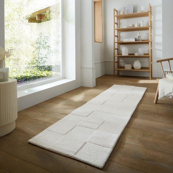 Ziloņkaula krāsas ar rokām darināts vilnas celiņa paklājs 60x230 cm Checkerboard – Flair Rugs-image-1