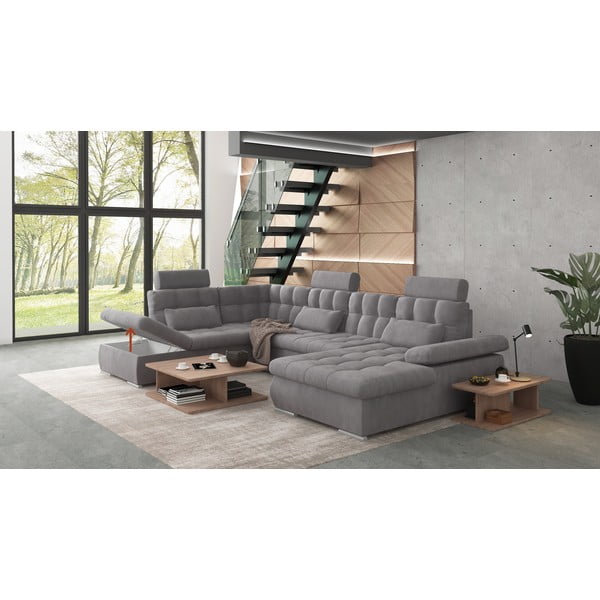 Pelēks salokāms stūra dīvāns ar uzglabāšanas vietu (ar kreiso stūri/U veida) Merkur – Ropez-image-4