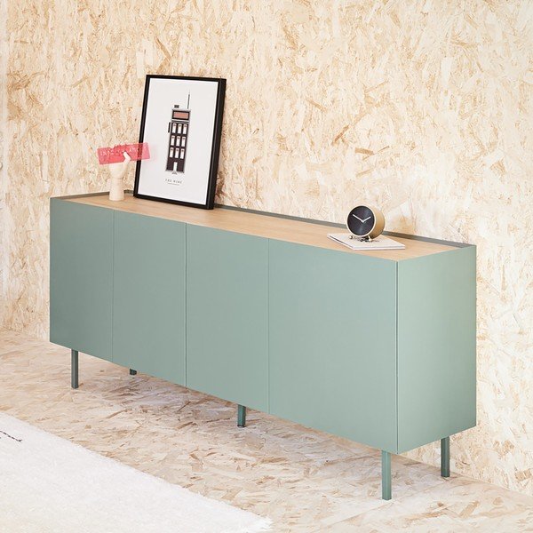 Zaļa/dabīga toņa zema kumode ar ozolkoka imitāciju 165x78 cm Arista – Teulat-image-1