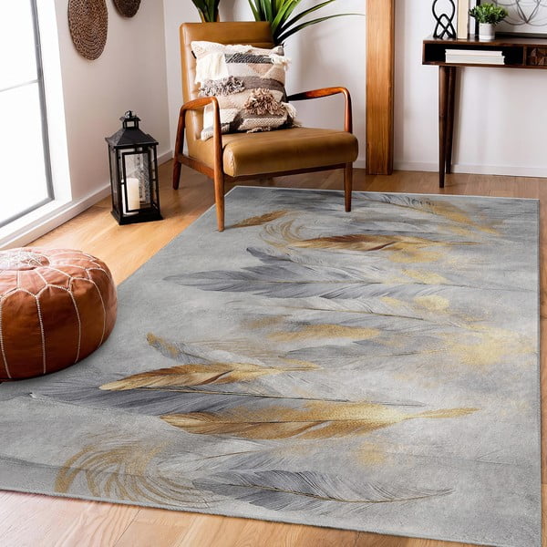 Pelēks/zelta krāsas mazgājams paklājs 120x180 cm Golden Feathers – Mila Home-image-1