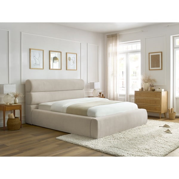 Bēša polsterēta divvietīga gulta ar veļas kasti un režģi 160x200 cm Jagna – Bobochic Paris-image-3