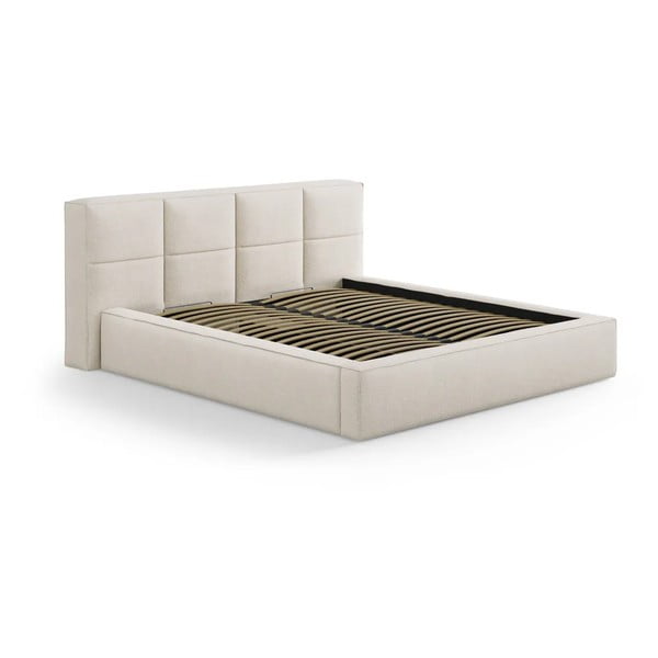 Krēmkrāsas polsterēta divvietīga gulta ar veļas kasti ar redelēm 180x200 cm Simon Darren – Micadoni 