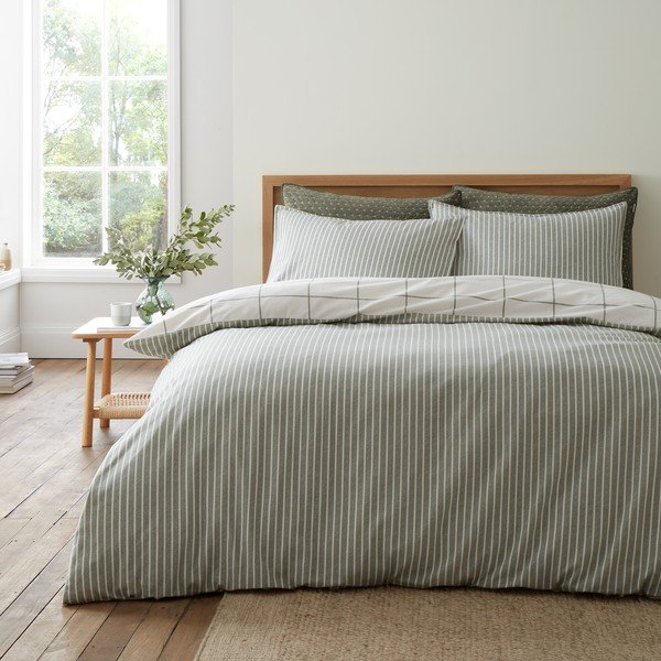 Zaļa/krēmkrāsas divguļamā flaneļa gultas veļa 200x200 cm Brushed Regal Check – Bianca-image-2