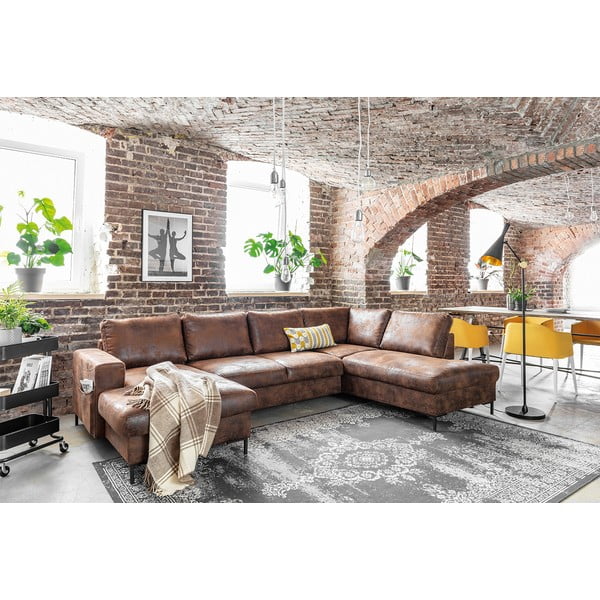 Brūns izlaižams U-veida dīvāns no ādas imitācijas Miuform Lofty Lilly Vintage, labais stūris-image-4