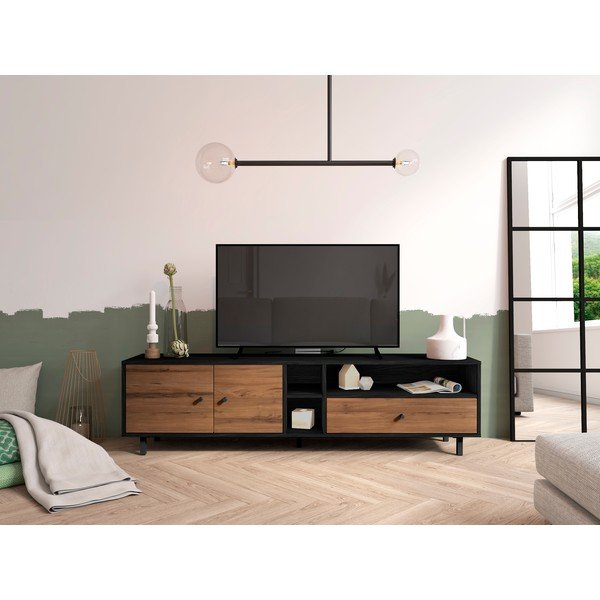 Melns/dabīga toņa TV galdiņš ar riekstkoka imitāciju 180x47 cm Roald – Marckeric-image-1