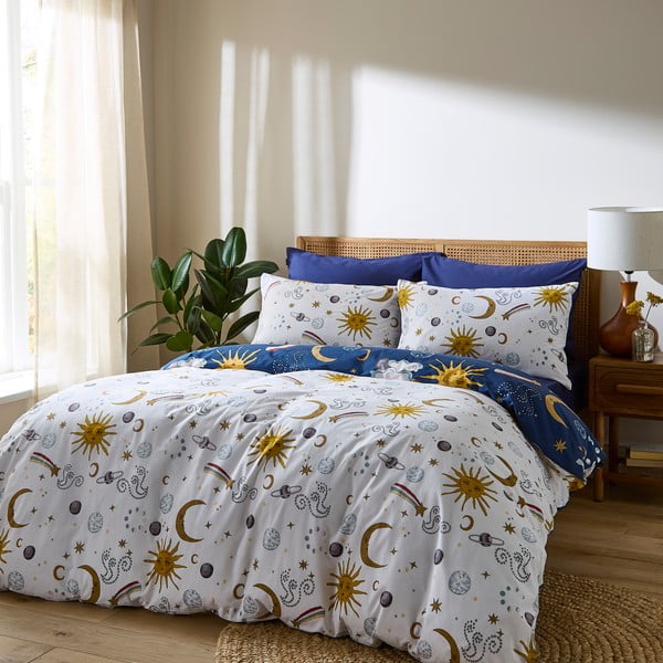 Balta/zila divguļamā kokvilnas gultas veļa 200x200 cm Disco Space – Their Nibs-image-2