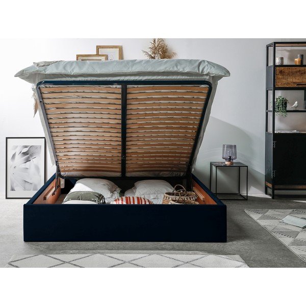 Tumši zila mīksta divguļamā gulta ar glabāšanas vietu un režģi 160x200 cm Palmyre – Bobochic Paris-image-3