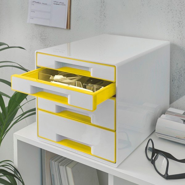 Balta/dzeltena atvilktņu kaste Leitz WOW CUBE, 4 atvilktnes-image-1