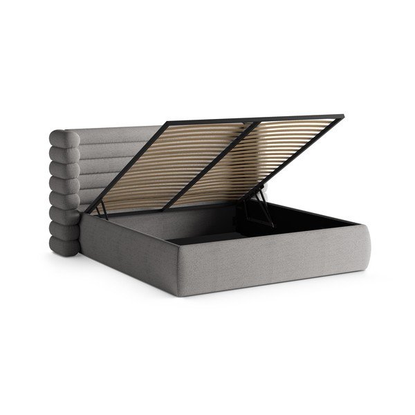 Pelēka polsterēta divvietīga gulta ar veļas kasti un redelēm 200x200 cm Mount – Micadoni -image-2