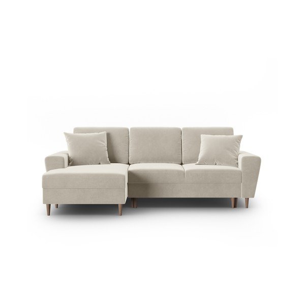 Bēšs samta salokāms stūra dīvāns ar uzglabāšanas vietu (ar kreiso stūri/ar zvilni) Kyoto – Cosmopolitan Design