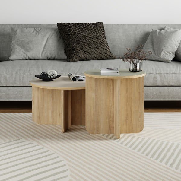 Krēmkrāsas/dabīga toņa apaļi žurnālgaldiņi (2 gab.) ar ozolkoka imitāciju ø 70 cm Hillary – Marckeric-image-1