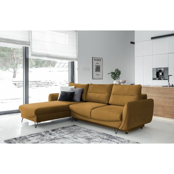 Dzeltens samta salokāms/ar uzglabāšanas vietu stūra dīvāns (ar kreiso stūri/ar zvilni) Silva – ELTAP-image-1