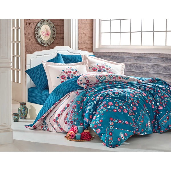 Zila kokvilnas satīna gultasveļa ar palagu divguļamai gultaiSancha, 200 x 220 cm