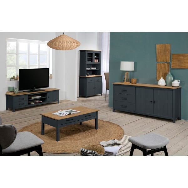 Tumši zila priedes masīvkoka zema kumode 150x80 cm Miranda – Marckeric-image-1