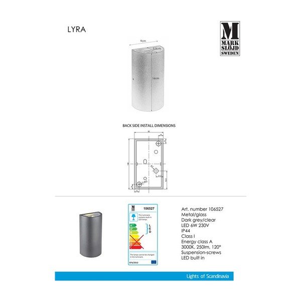 Tumši pelēka sienas lampa Markslöjd Lyra-image-1