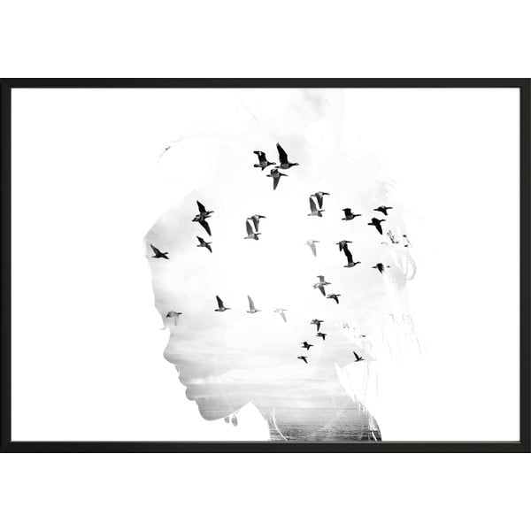 Sienas plakāts rāmī GIRL/SILHOUETTE/BIRDS, 50 x 70 cm