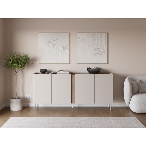 Krēmkrāsas/dabīga toņa kumode ar ozolkoka imitāciju 180x82x40 cm Lucile – Marckeric-image-1