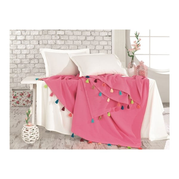 Rozā ar rokām darināts kokvilnas divguļamās gultas pārklājs Tara, 230 x 240 cm