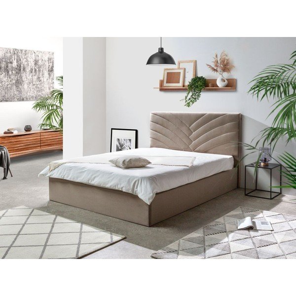 Smilškrāsas mīksta divguļamā gulta ar glabāšanas vietu un režģi 160x200 cm Palmyre – Bobochic Paris-image-1