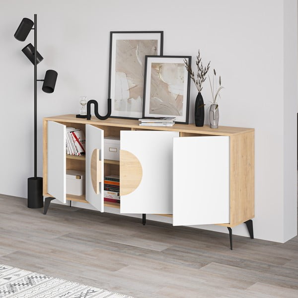 Balta/dabīga toņa zema kumode ar ozolkoka imitāciju 180x82 cm Vae – Marckeric-image-2