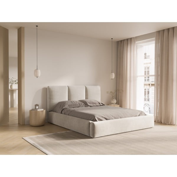 Krēmkrāsas samta polsterēta divvietīga gulta ar veļas kasti un redelēm 160x200 cm Brody – Mazzini Beds-image-1