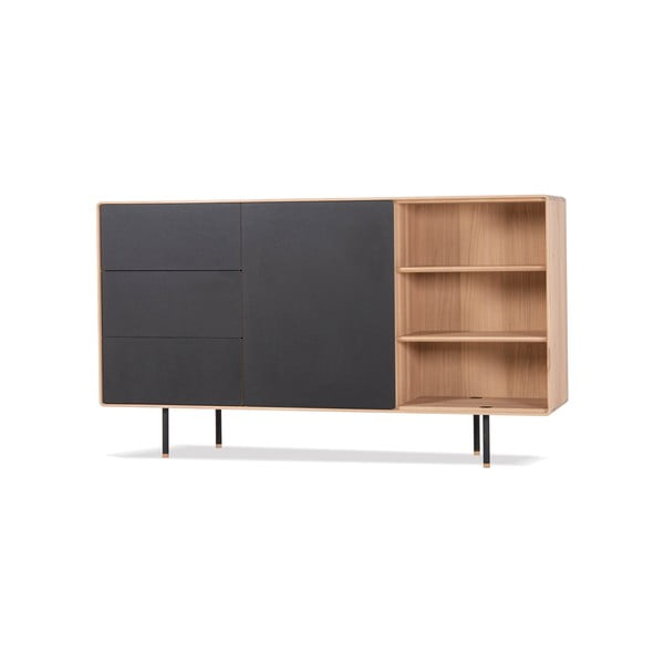 Melna/dabīga toņa ozola masīvkoka zema kumode 176x100 cm Fina – Gazzda-image-2