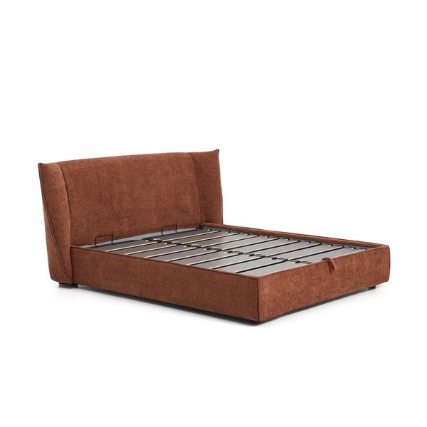 Terakotas oranža polsterēta divvietīga gulta no šenila ar veļas kasti ar redelēm 160x200 cm Arvian – Kave Home